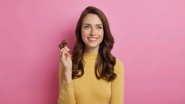 Foto retrato de uma jovem linda sorridente posando isolada sobre uma parede rosa segurando doces de chocolate dr