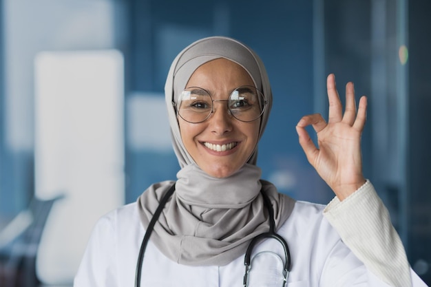 Retrato de uma jovem linda, uma médica muçulmana árabe, ela está vestida com óculos hijab e