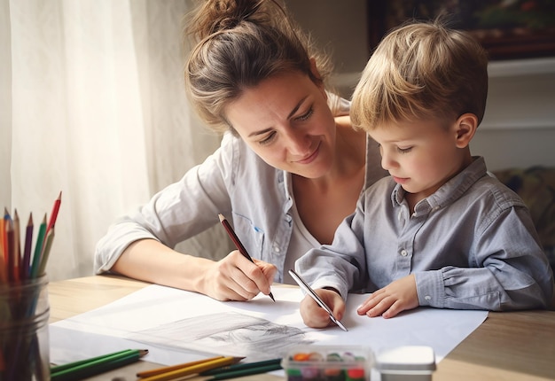 Foto retrato de uma jovem mãe e seu filho a aprender a desenhar