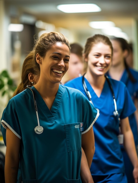 Foto retrato de uma jovem médica com um casaco verde de pé no hospital