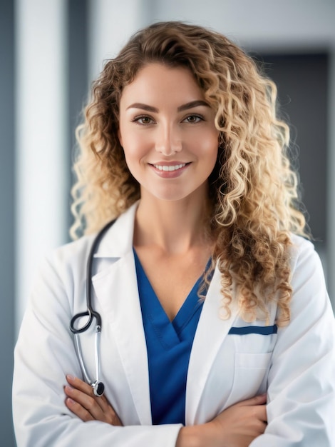 Retrato de uma jovem médica confiante com cabelos encaracolados vestindo uma bata de laboratório e estetoscópio