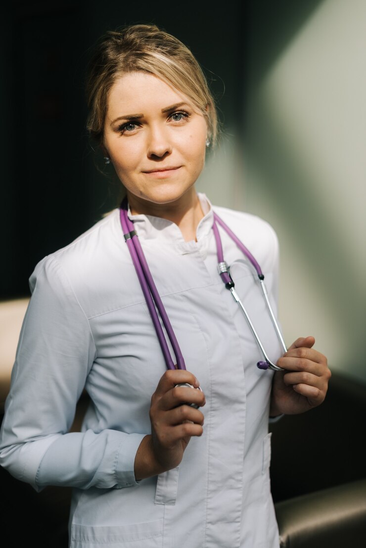 Foto retrato de uma jovem médica em uniforme branco com estetoscópio