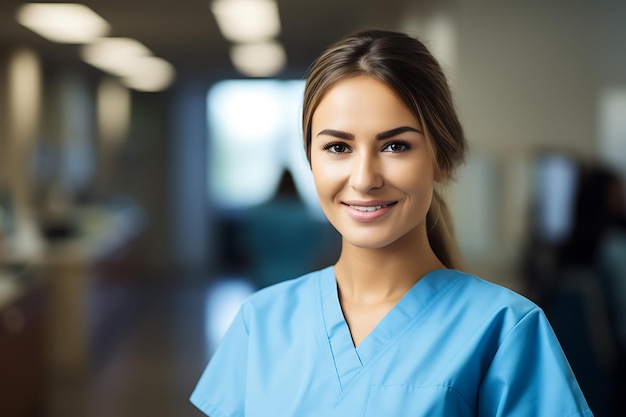 Retrato de uma jovem médica ou enfermeira sorridente e feliz no consultório médico