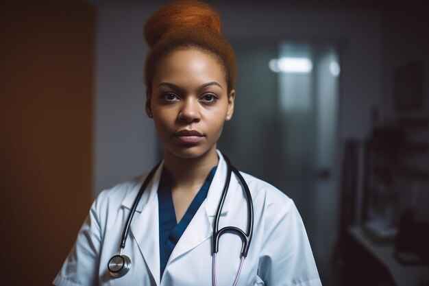 Retrato de uma jovem médica séria de pé em seu escritório