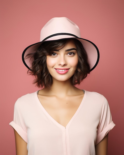 Retrato de uma jovem morena de cor aviária vestindo um chapéu sorrindo