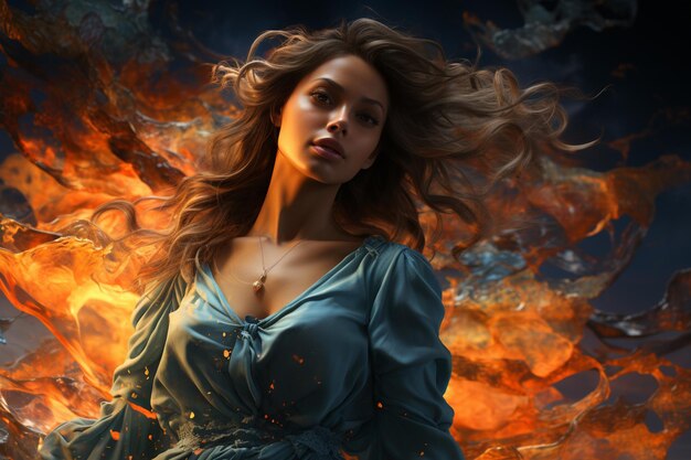 retrato de uma jovem morena em chamas.