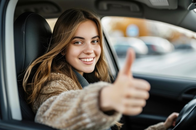 Retrato de uma jovem mostrando os polegares para cima enquanto dirige um carro