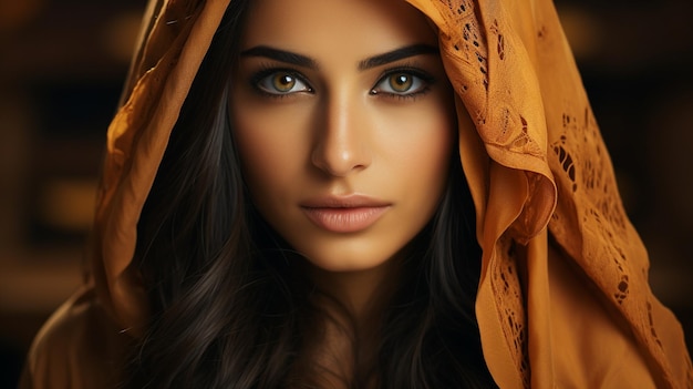 Foto retrato de uma jovem muçulmana com um lenço na cabeça