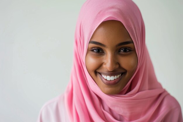 Foto retrato de uma jovem muçulmana de hijab rosa sorrindo