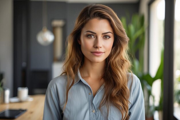 Retrato de uma jovem mulher a trabalhar em casa