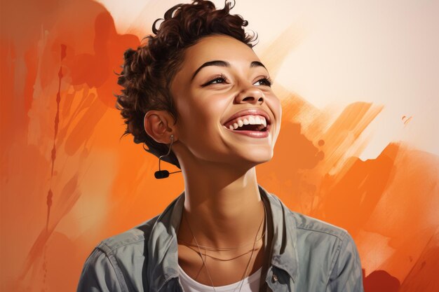Foto retrato de uma jovem mulher afro-americana com um sorriso no rosto em um fundo laranja
