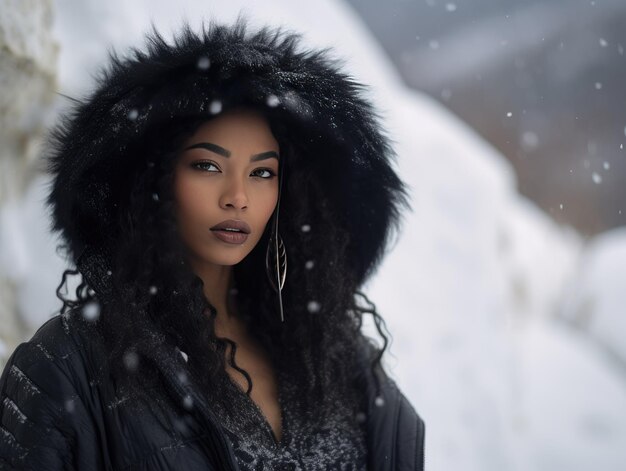 Retrato de uma jovem mulher afro-americana em uma paisagem de inverno