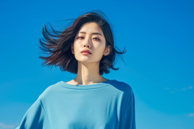 Retrato de uma jovem mulher asiática em fundo de cor azul brilhante