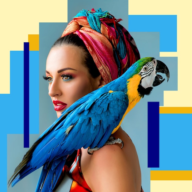 Retrato de uma jovem mulher atraente em estilo africano com papagaio ara no ombro