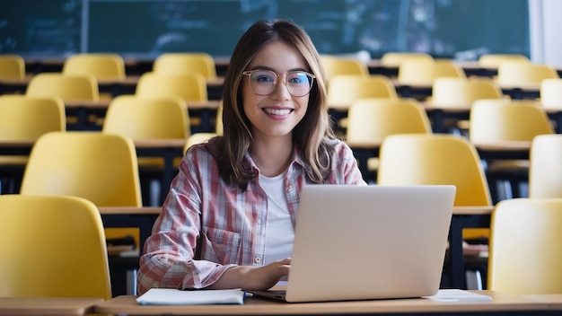 Retrato de uma jovem mulher atraente sentada em uma sala de aula trabalhando em um laptop usando óculos