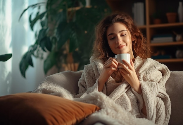 Retrato de uma jovem mulher bebendo chá matinal