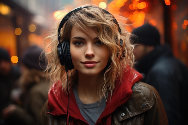 retrato de uma jovem mulher bonita com fones de ouvido a ouvir música