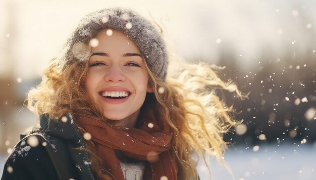 Foto retrato de uma jovem mulher bonita com neve