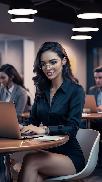 Retrato de uma jovem mulher bonita sentada à mesa de camisa preta trabalhando em um laptop em um escritório de trabalho