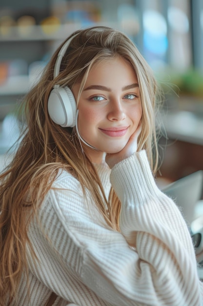 retrato de uma jovem mulher bonita sorrindo enquanto trabalha com um laptop e ouvindo música em fones de ouvido enquanto olha para longe no escritório