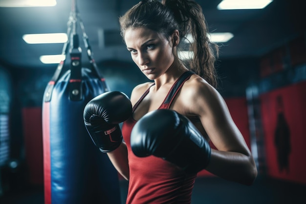 Retrato de uma jovem mulher boxeando com saco de boxe em um estúdio de fitness Boxeadora praticando boxe com saco de boxe AI Gerado