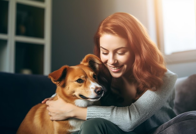 Retrato de uma jovem mulher com seu cão bonito no parque