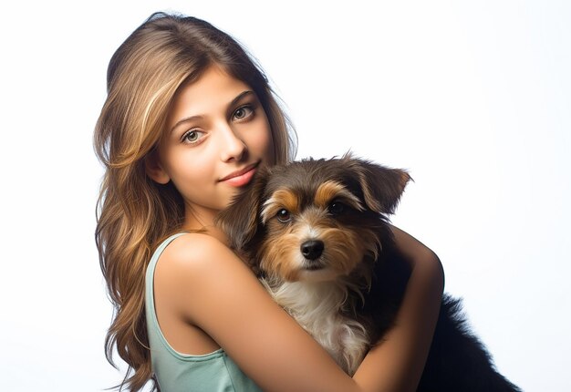 Foto retrato de uma jovem mulher com seu cão bonito no parque