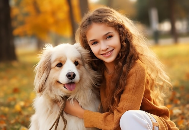 Retrato de uma jovem mulher com seu cão bonito no parque