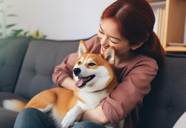 Retrato de uma jovem mulher com seu cão bonito no parque