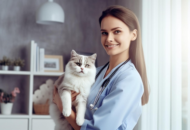 Retrato de uma jovem mulher com seu gato bonito em casa