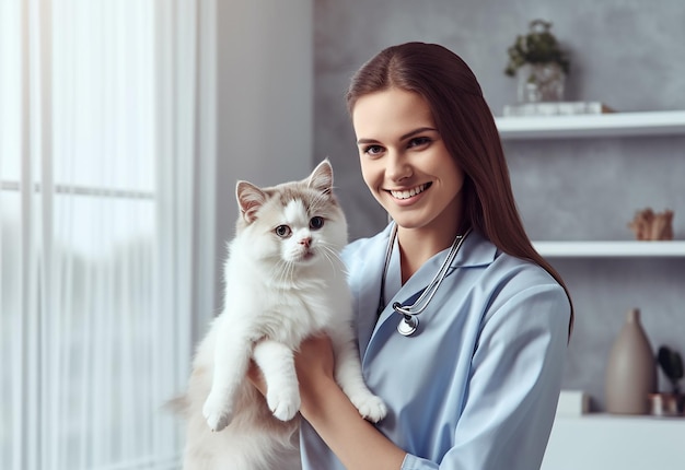 Retrato de uma jovem mulher com seu gato bonito em casa