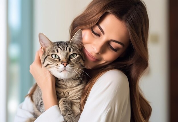 Foto retrato de uma jovem mulher com seu gato bonito em casa