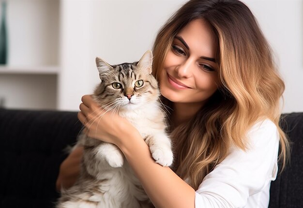 Foto retrato de uma jovem mulher com seu gato bonito em casa