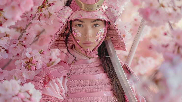 Foto retrato de uma jovem mulher com uma armadura de samurai rosa com flores de cerejeira