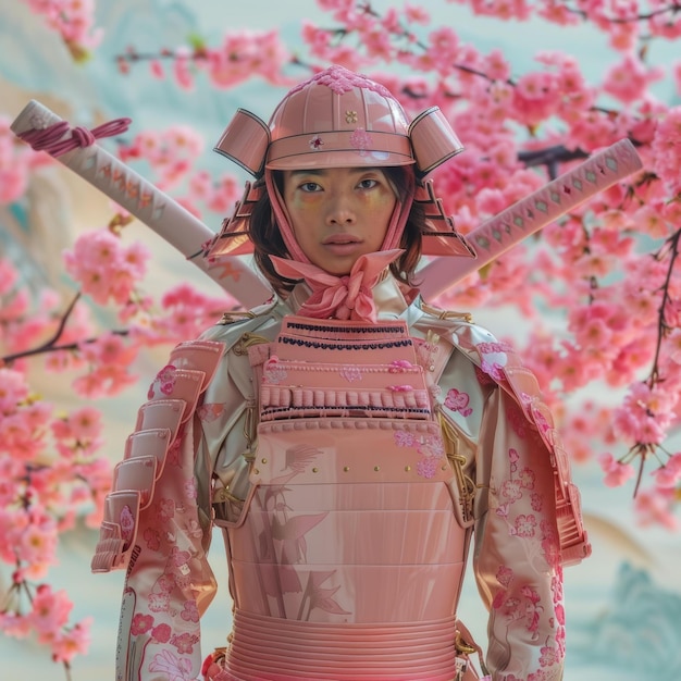 Foto retrato de uma jovem mulher com uma armadura de samurai rosa