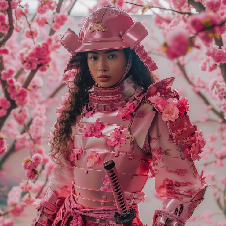 Foto retrato de uma jovem mulher com uma armadura de samurai rosa