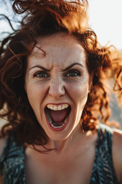 Retrato de uma jovem mulher de cabelo vermelho gritando na praia