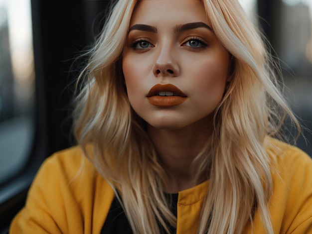 Retrato de uma jovem mulher de cabelos amarelos e lábios pretos