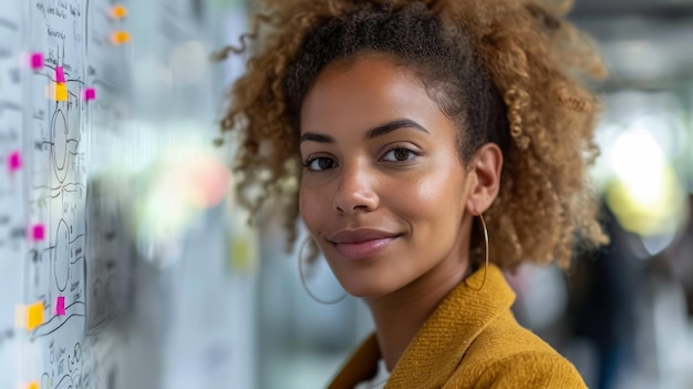 Retrato de uma jovem mulher de negócios discutindo um projeto em um quadro branco em um escritório criativo Inovador