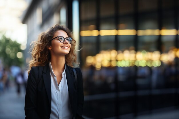 Retrato de uma jovem mulher de negócios sorridente com óculos na rua de uma cidade Imagem generativa ai