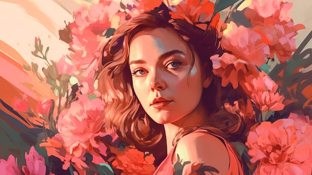 Retrato de uma jovem mulher em IA generativa de flores