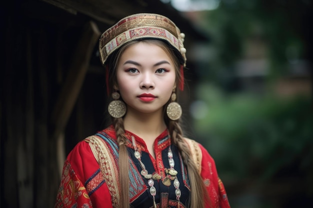 Retrato de uma jovem mulher em roupas tradicionais de pé do lado de fora criado com ai generativo