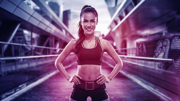 Retrato de uma jovem mulher entusiasta de esportes de pé confiante pronta para o treino habitual da cidade