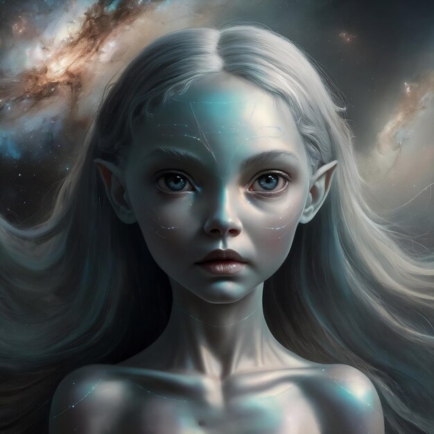 Retrato de uma jovem mulher extraterrestre