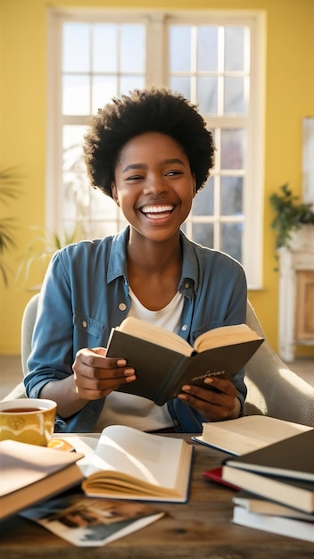 Retrato de uma jovem mulher feliz lendo um livro, estudando, aprendendo, sabendo, sorrindo, com emoções positivas.