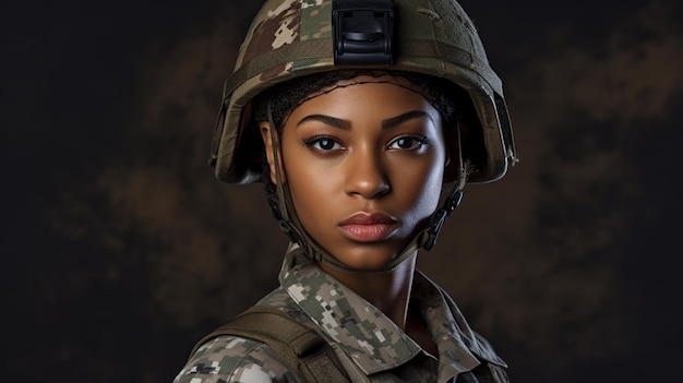 retrato de uma jovem mulher militar africana com camuflagem