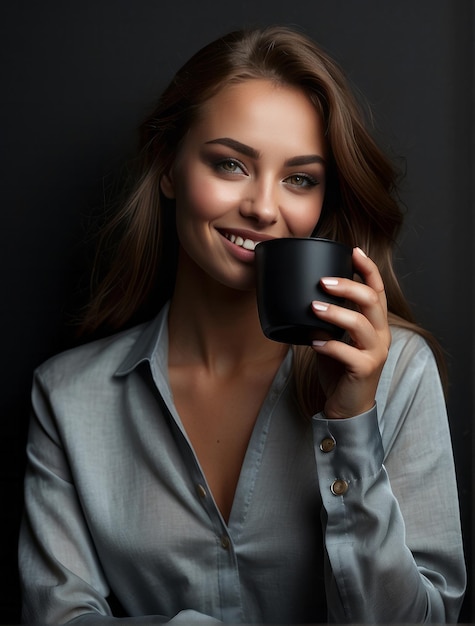 retrato de uma jovem mulher segurando um copo preto