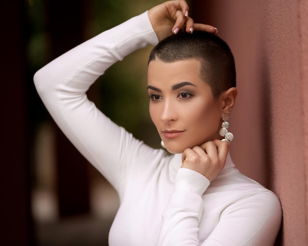 Foto retrato de uma jovem mulher sexy com cabelo curto no golfe branco