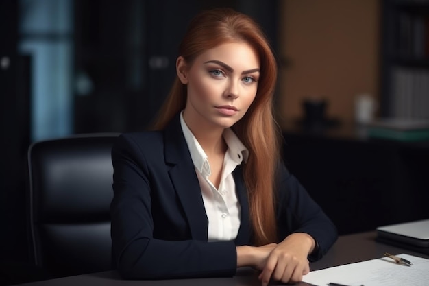 Retrato de uma jovem mulher trabalhando em uma mesa no escritório