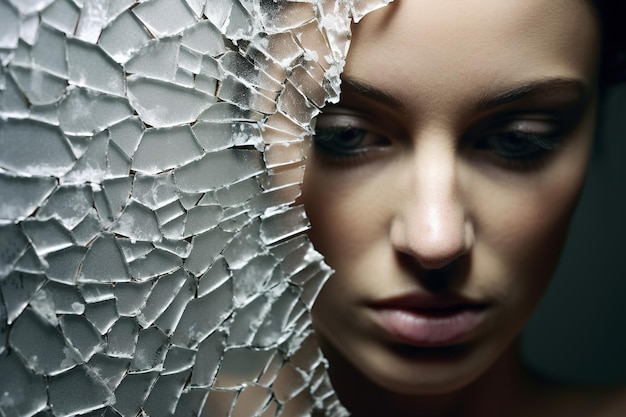 Retrato de uma jovem mulher triste contra o fundo de vidro quebrado